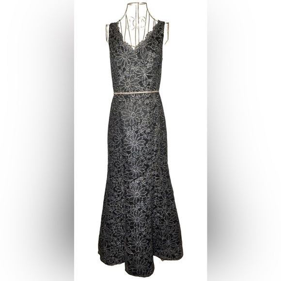 JS Collections Mermaid Black Dress, V-Neck & Shimmery Silver Florals, Large (12) - Picture 3 of 16